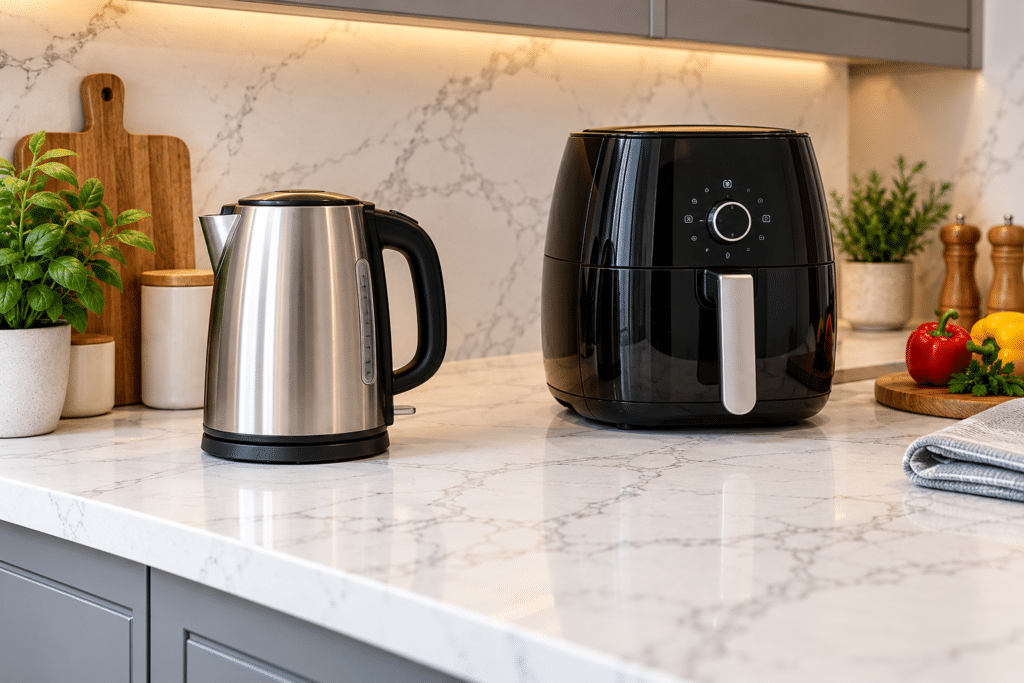 Kettle and air fryer on quartz worktops
