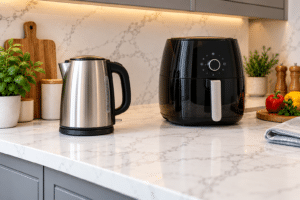 Kettle and air fryer on quartz worktops